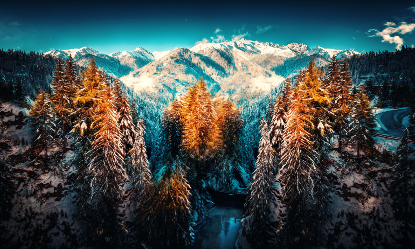 snow, trees, mountains, treatment, Winterland