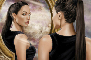 actrice, Angelina Jolie, art, visage, fille, Lara Croft, Regardez, miroir