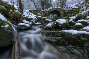 Bro, Fairy Bridge, skog, Glen Creran, flod, skottland, snö, stenar