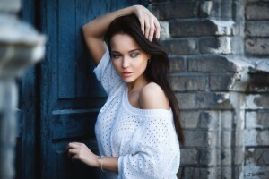 Angelina Petrova, BEAUTY, blouse, bracelet, bricks, brunette, earrings, girl