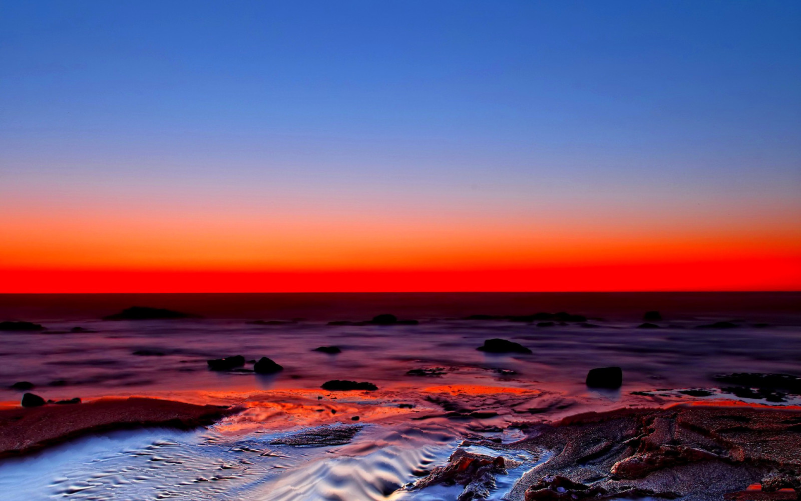 de lucht, zonsondergang, kust, zee, gloed, horizon, tij