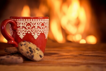 café, biscoitos, copo, fofa, fogo, lareira, quente, inverno