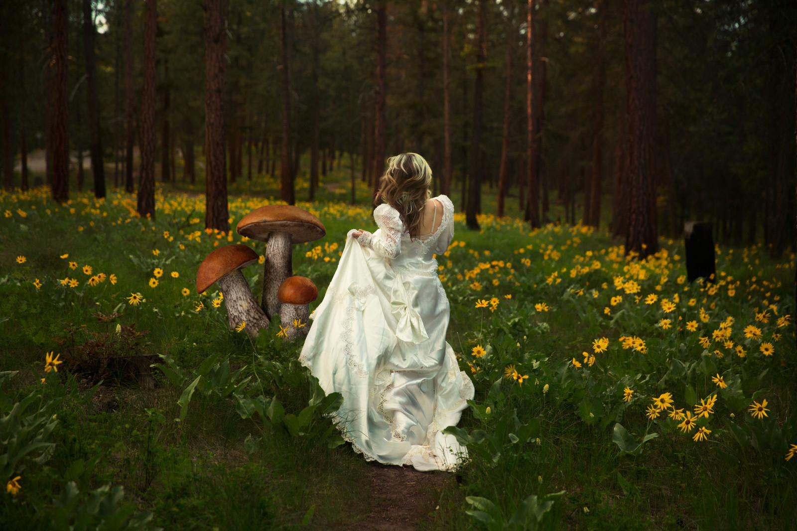 la nature, fille, champignons