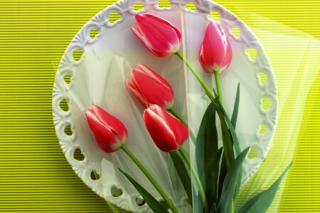 flowers, plate, Still life, tablecloth, tulips