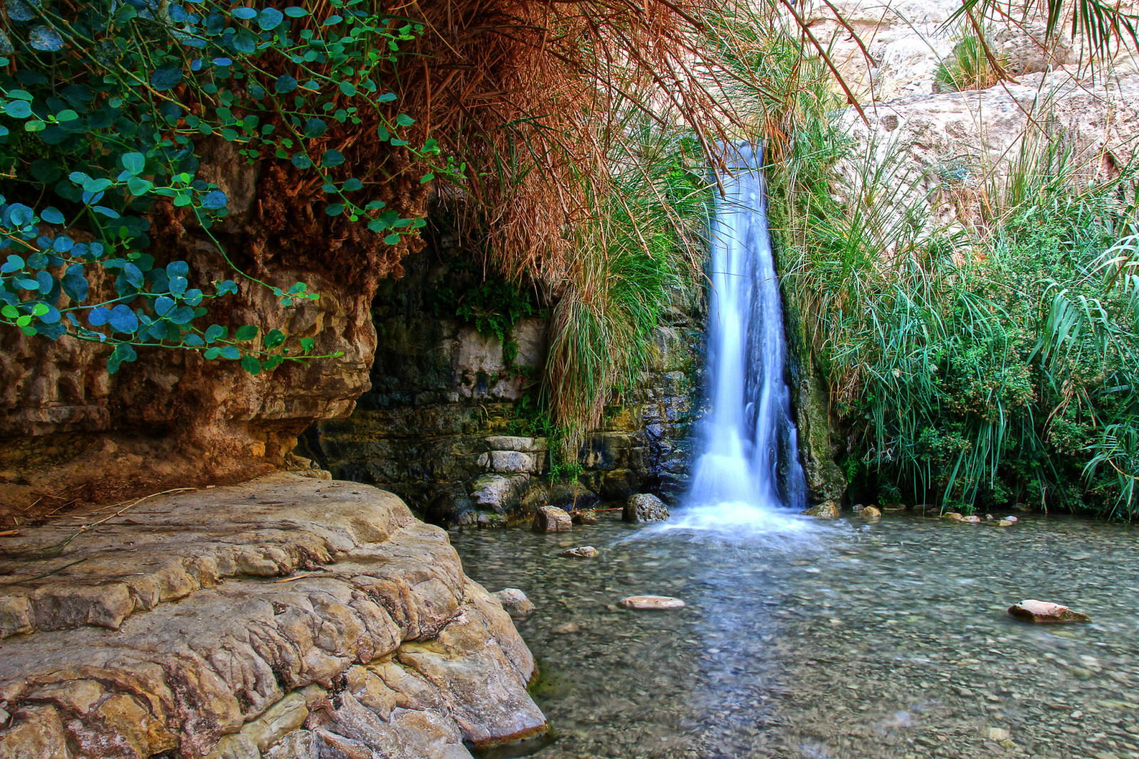 stones, waterfall, plant, water, rock, the grotto