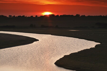 landschap, nacht, rivier-