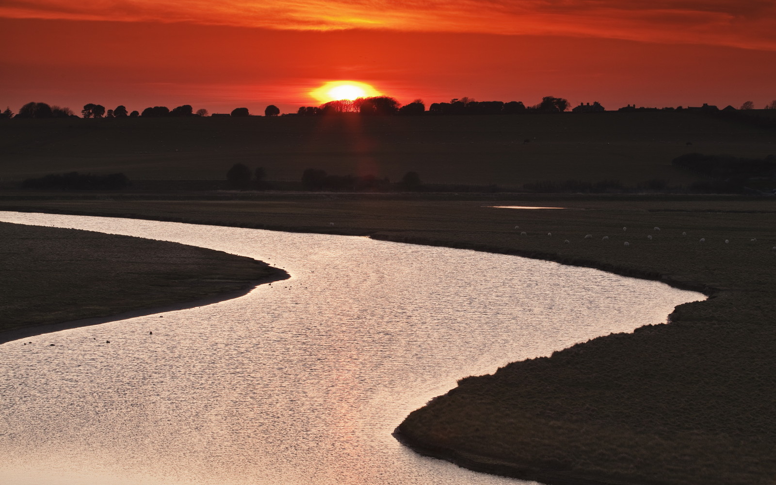 río, paisaje, noche