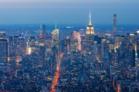 gebouw, Manhattan, New York, New York City, nacht stad, panorama, wolkenkrabbers