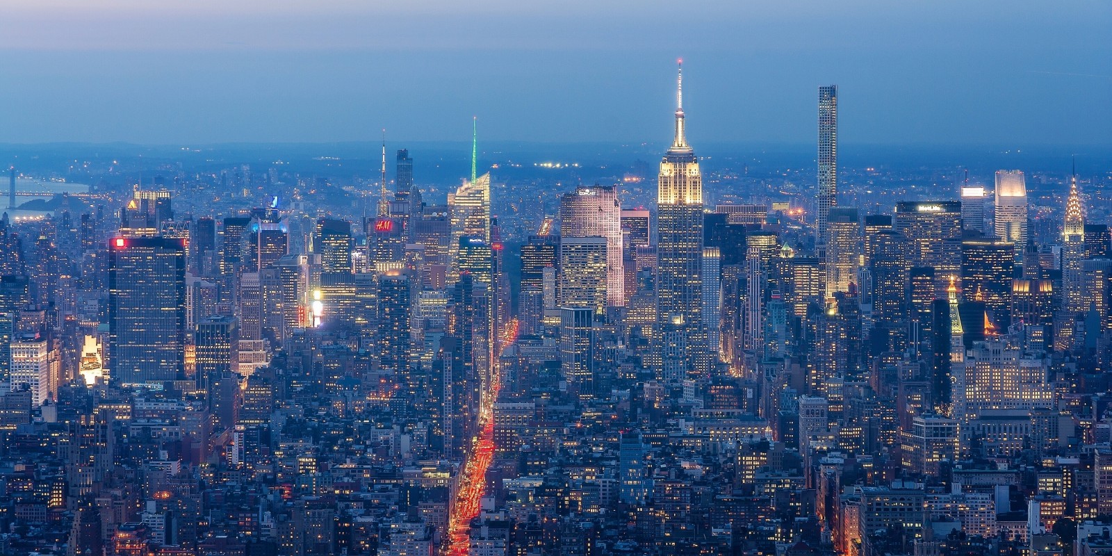 ciudad de noche, rascacielos, panorama, edificio, Nueva York, Manhattan, Nueva York