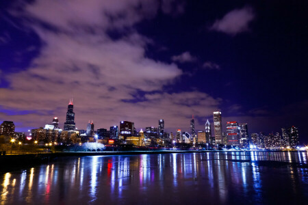 chicago, Illinois, Lake Michigan, svetlá, nočné, promenáda, mrakodrapy, USA