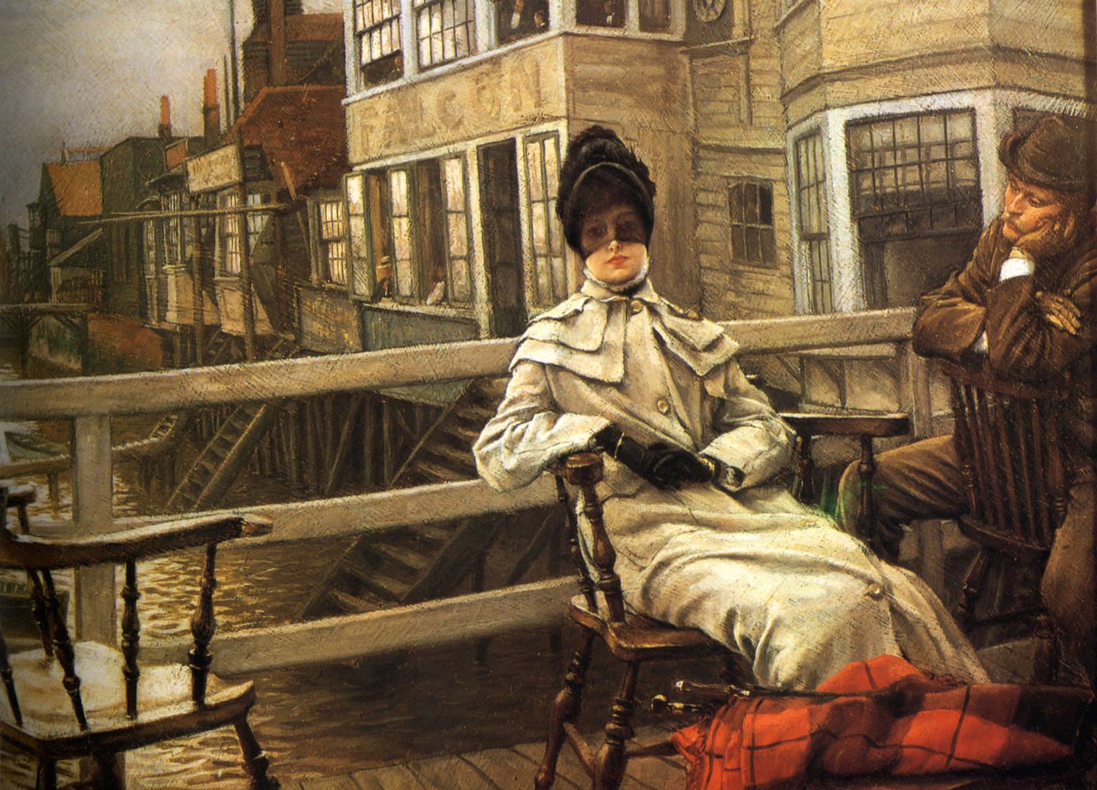 cenário, chapéu, véu, senhora, A paisagem urbana, gênero, a conversa, James Tissot