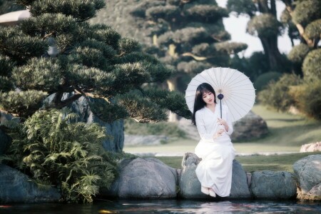 asiatique, fille, parapluie