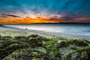 clouds, coast, dal, horizon, reefs, sea, shore, stones