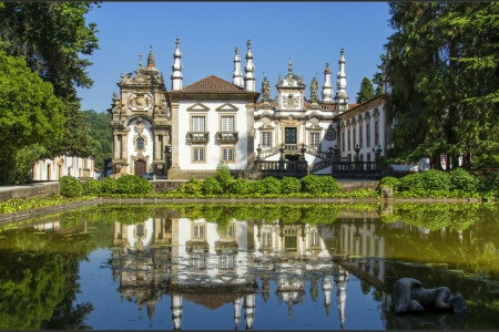 arkitektur, grönt, hus, Herrgård, damm, portugal, reflexion, buskarna