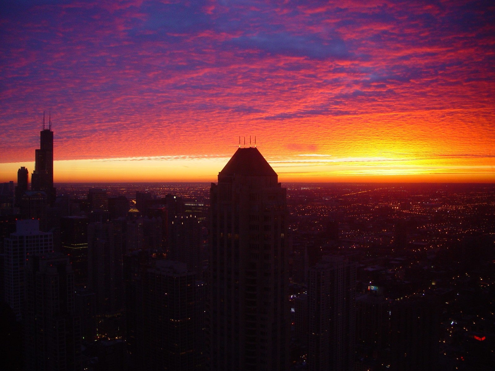 o céu, a noite, pôr do sol, arranha-céus, luzes, EUA, Chicago, Illinois