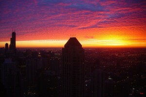 chicago, Illinois, svetlá, mrakodrapy, západ slnka, večer, obloha, USA