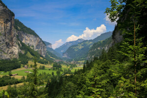 Dům, Lauterbrunnen, hory, Švýcarsko, stromy, údolí