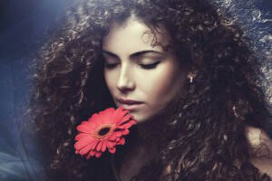 face, flower, Gerbera, hair