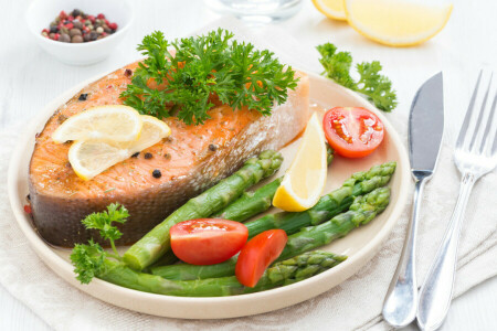 asperges, poisson, Saumon, des légumes