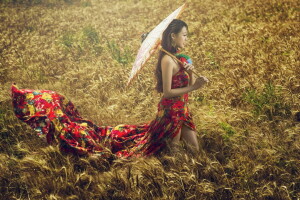 fille, été, parapluie