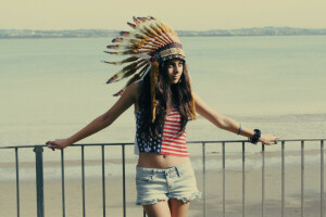 face, feathers, girl, look, the fence