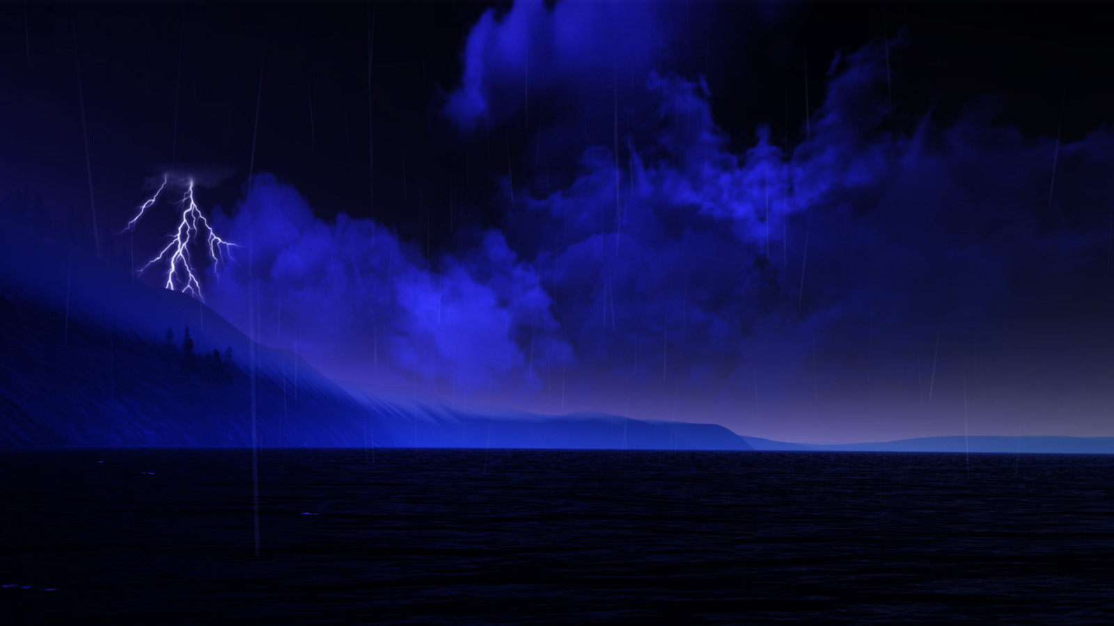 the sky, sea, night, clouds, lightning