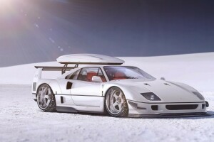 Autemo, F40, Ferrari, Vorderseite, Schnee, Supersportwagen, Weiß