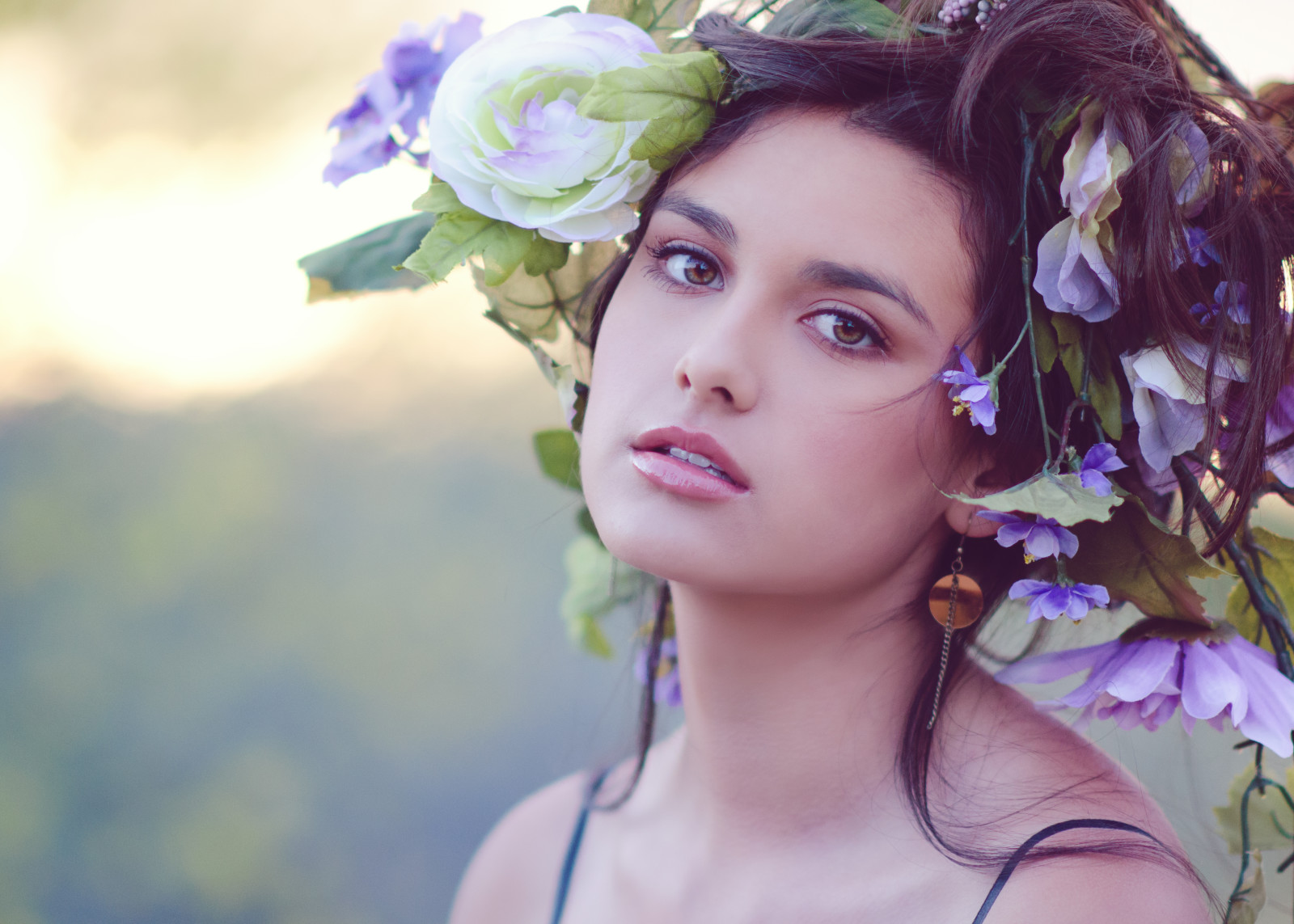 Veja, face, menina, flores, guirlanda