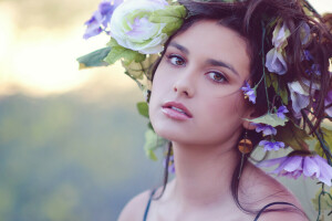 face, flowers, girl, look, wreath