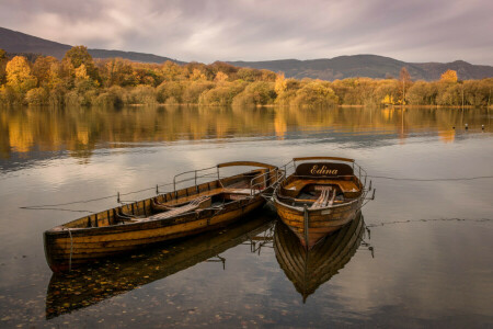 outono, barco, nuvens, lago, o céu, árvores