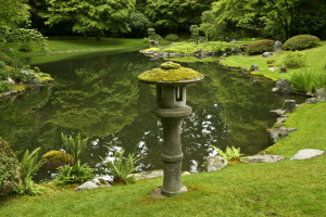 Canada, grass, lantern, Nitobe Garden, Park, pond, stones, trees