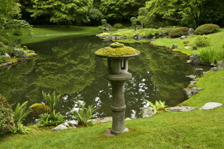 Canadá, césped, linterna, Jardín Nitobe, Parque, estanque, piedras, arboles