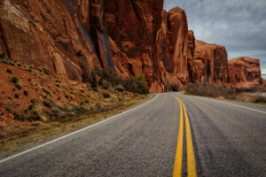 asphalt, road, rocks, yellow stripe