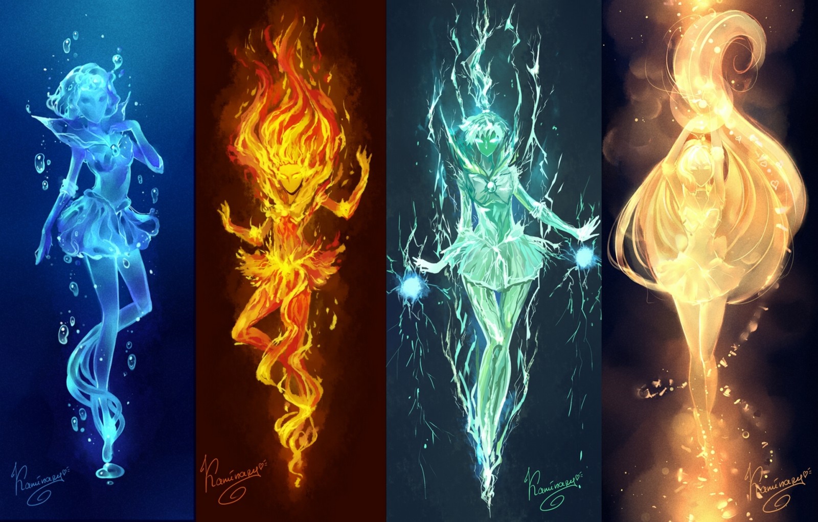 light, girls, art, water, fire, anime, electricity, elements