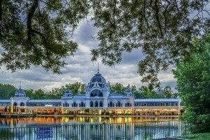 Budapeste, nuvens, Hungria, luzes, Palácio, Parque, a cúpula, a noite