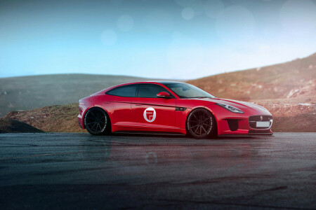 auto, F-Type, Voorkant, Jaguar, Rain Prisk, rood, sport, zon