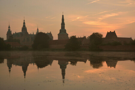 kasteel, Denemarken, mist, nevel, meer, ochtend-, rivier-, de lucht