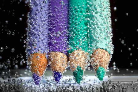 bubbles, liquid, Pencils, water