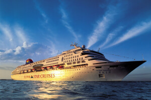 Cruiseskip, soloppgang, bilde, hav, skip, solnedgang