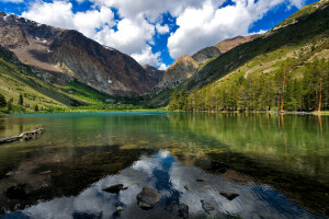 clouds, lake, mountains, the sky