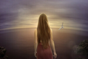 art, bird, brown hair, drawn girl, loneliness, long-haired, sea, Seagull