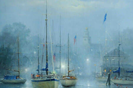 boats, fog, Harbour, Harvey G, picture, the city