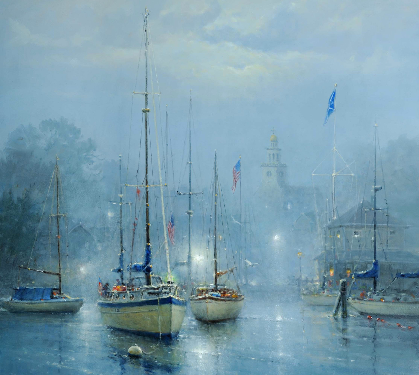 the city, picture, boats, fog, Harbour, Harvey G