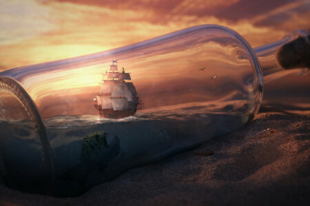 bottle, clouds, Desert, fish, sand, ship, sunset, the sky