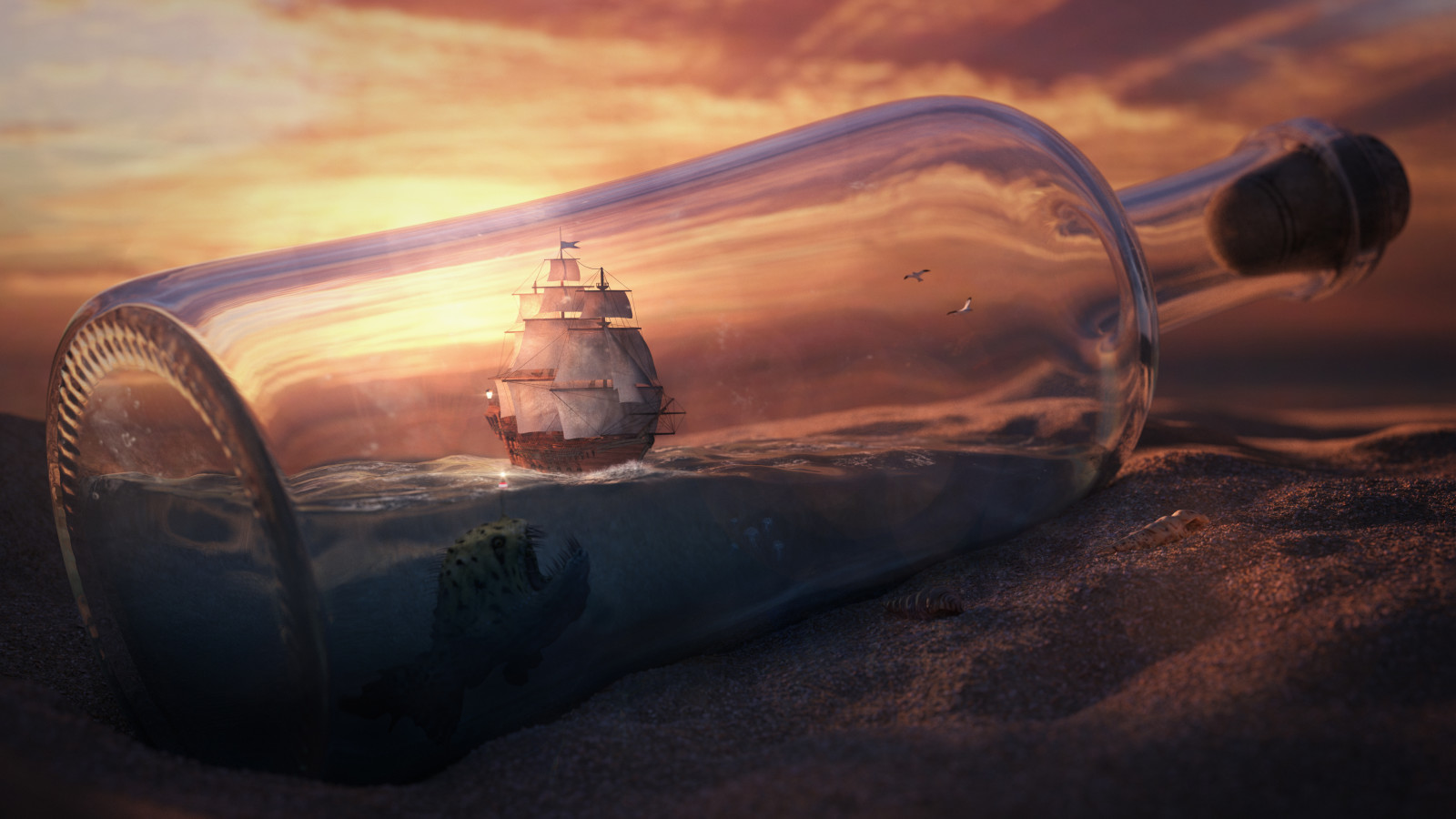 der Himmel, Sonnenuntergang, Wolken, Schiff, Wüste, Flasche, Sand, Fisch