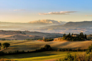 облака, поле, Италия, луга, Космос, небо, солнце, Toscana