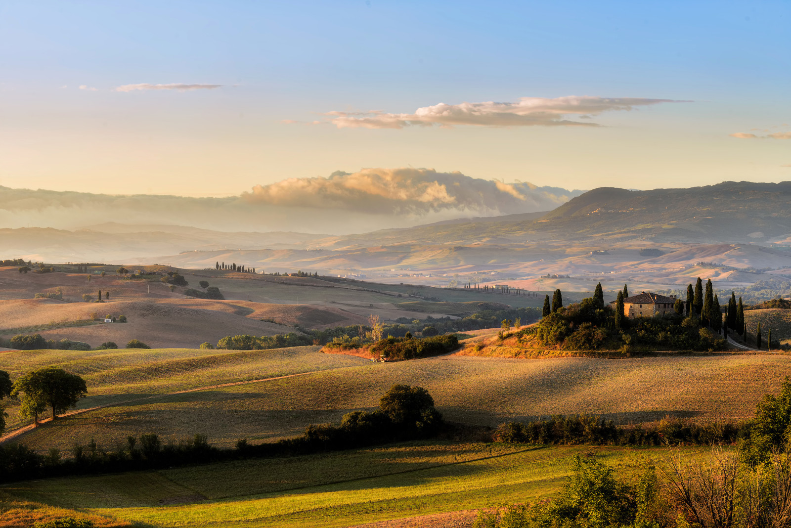 the sky, field, clouds, Italy, the sun, space, meadows, Tuscany