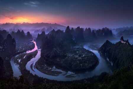 China, manhã, rio, a noite