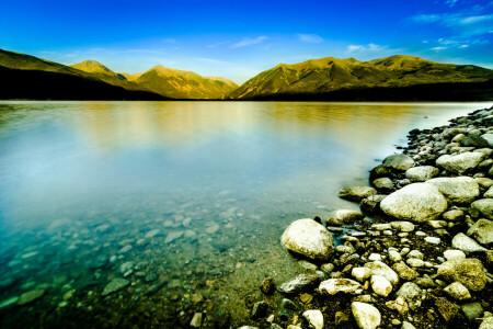 lake, mountains, stones