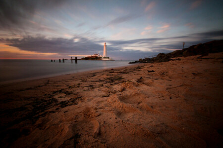 kappe, kyst, England, fyr, sand, hav, shore, St. Marys fyr